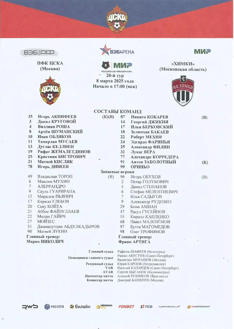 Стартовый протокол матча ПФК ЦСКА(Москва) - Химки(Московская область) 8.03.2025