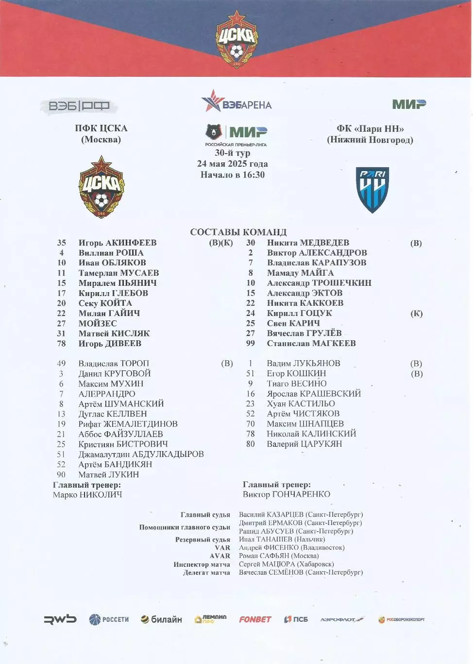 Стартовый протокол матча ПФК ЦСКА(Москва) - Пари НН(Нижний Новгород) 24.05.2025