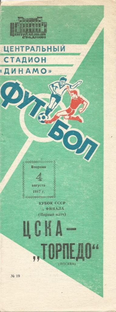 Программа. Футбол. ЦСКА(Москва) - Торпедо(Москва) 4.08.1987. 1/8 кубка СССР