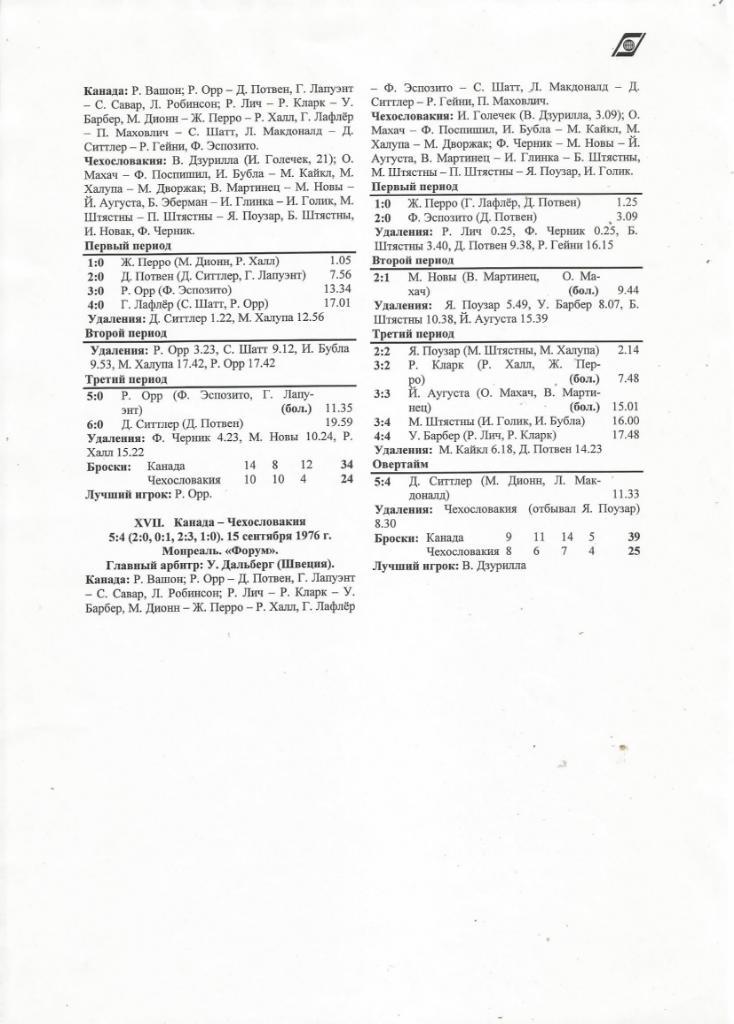 Хоккей. Отчеты о всех играх с первого Кубка Канады. 1976 г. 5