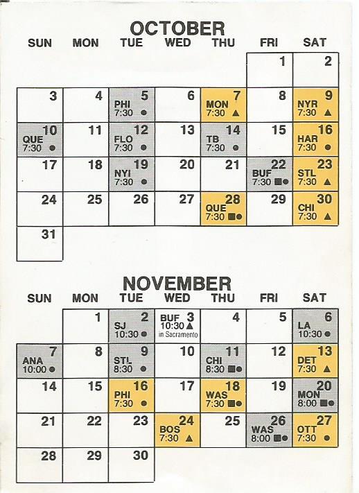 Календарь игр Питтсбург Пингвинз на октябрь и ноябрь 1993 года. Марио Лемье 1
