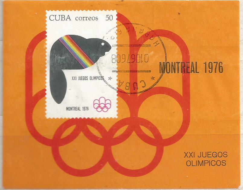 Марки. Блок: Спорт. Талисман и эмблема летних олимпийских игр. Монреаль-76. Куба