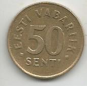 Монета 50 центов. Эстония, 1992