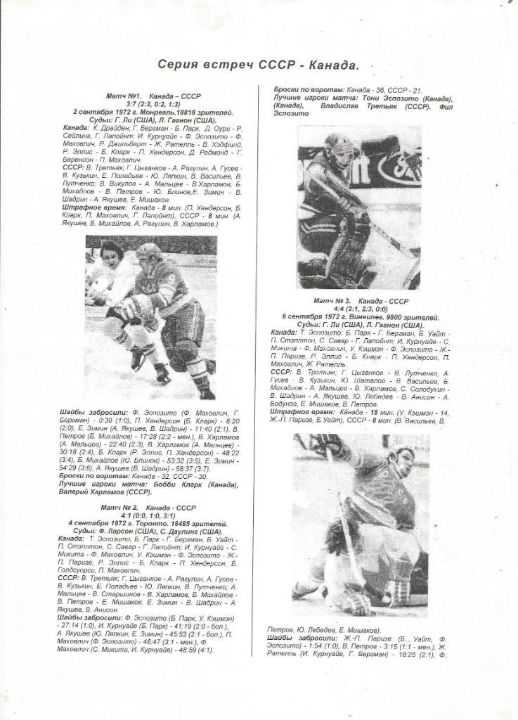 Хоккей. Отчеты о всех играх из серии встреч сб.СССР - сб.Канады 1972 г. (8 игр)