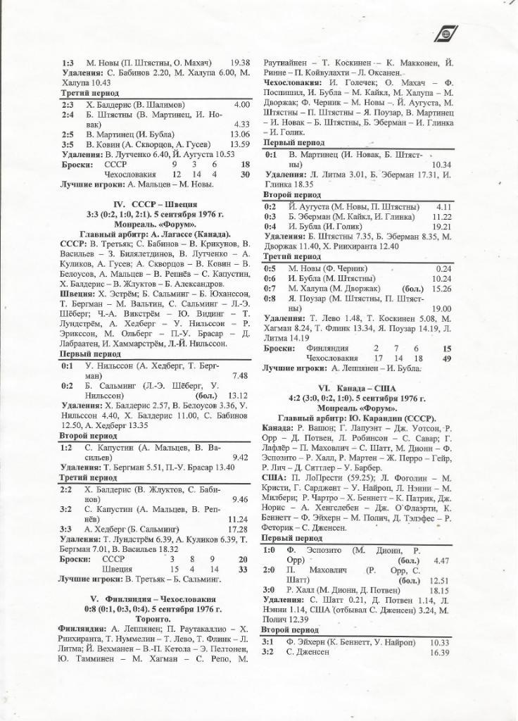 Хоккей. Отчеты о всех играх с первого Кубка Канады 2 - 15.09.1976 г. 1