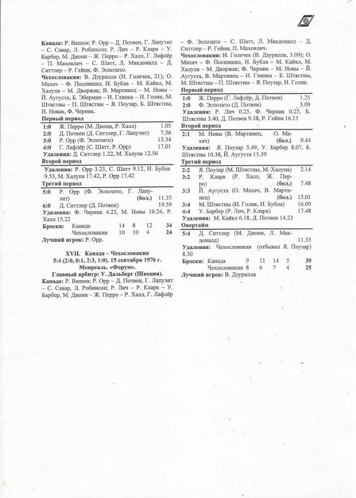 Хоккей. Отчеты о всех играх с первого Кубка Канады 2 - 15.09.1976 г. 5