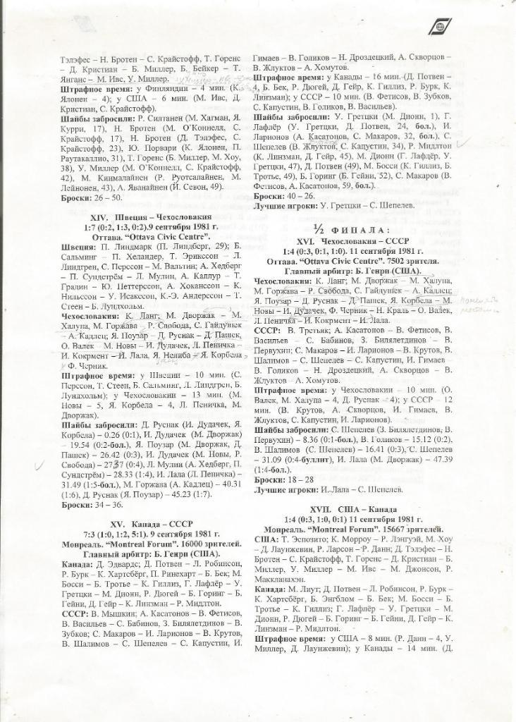 Хоккей. Отчеты о всех играх со второго Кубка Канады 1 - 13.09.1981 4