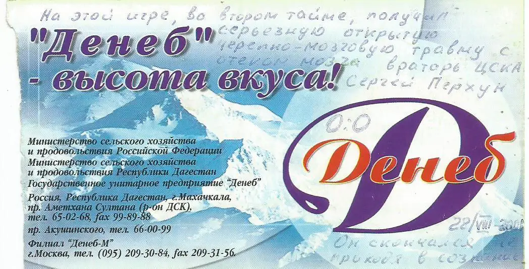 Билет. Футбол. Анжи(Махачкала) - ЦСКА(М) 18.08.2001. Последний матч С.Перхуна 1