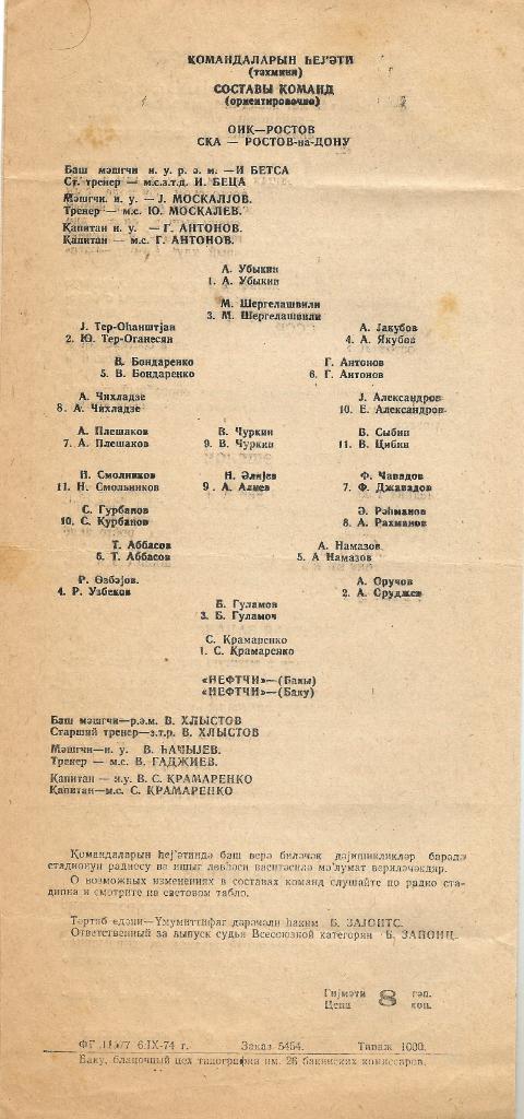 Нефтчи Баку - СКА Ростов 1:0 (1974) 1