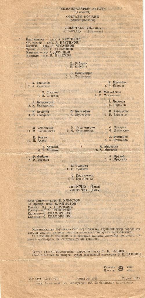Нефтчи Баку - Спартак Нальчик 3:0 (1974) 1