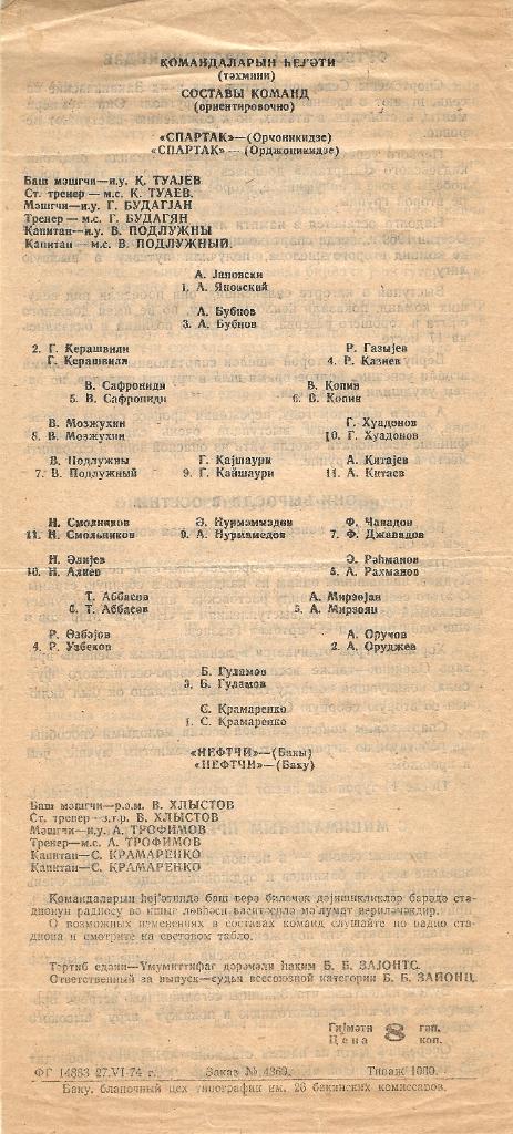 Нефтчи Баку - Спартак Орджоникидзе 2:0 (1974) 1