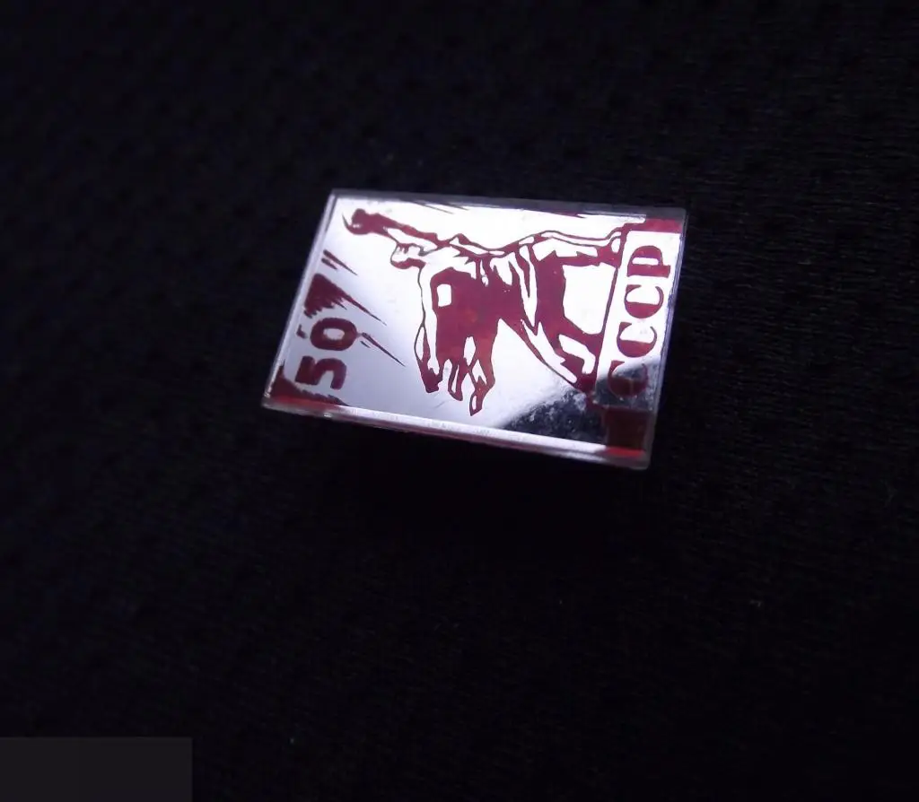 М ЗНАЧОК СССР 50 ЛЕТ ЮБИЛЕЙ РАБОЧИЙ И КОЛХОЗНИЦА ПАМЯТНИК ПРЯМОУГОЛЬНИК СТЕКЛО 13х20mm 2