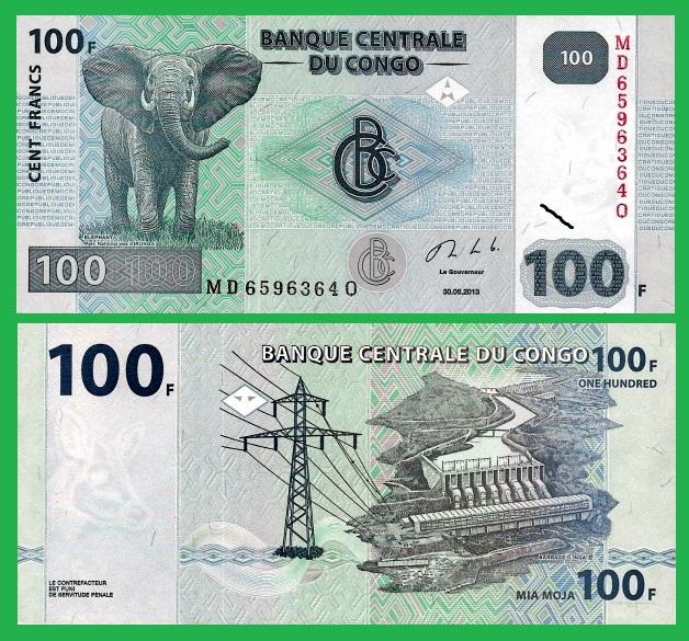 Конго 100 франков 2013 г. P-98b, UNC, пресс. Слон, плотина