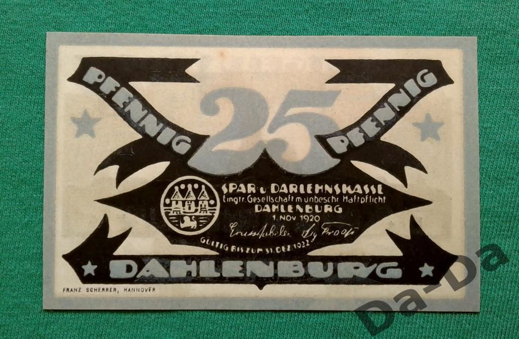 Нотгельд 25 пфеннинг 1920 г. Даленбург Dahlenburg Германия 1