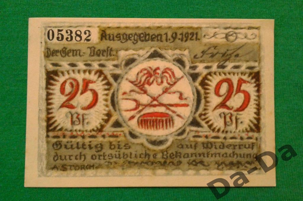 Нотгельд UNC 25 пфеннинг 1921 г. Аусгегебен