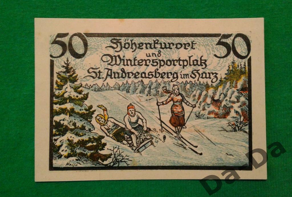 Нотгельд 50 пфеннинг 1921 г. Андреасберг Andreasberg (Гарц) Германия Лыжи