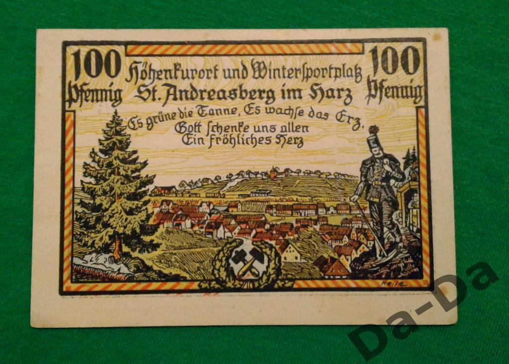 Нотгельд 100 пфеннинг 1921 г. Андреасберг Andreasberg (Гарц) Германия