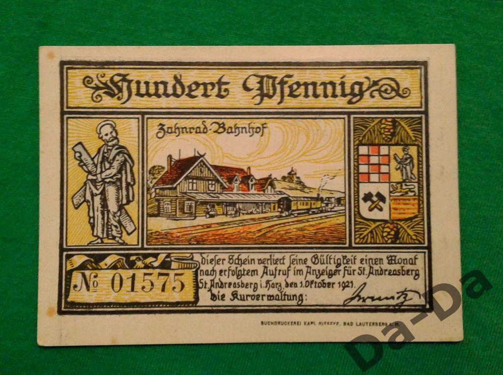 Нотгельд 100 пфеннинг 1921 г. Андреасберг Andreasberg (Гарц) Германия 1