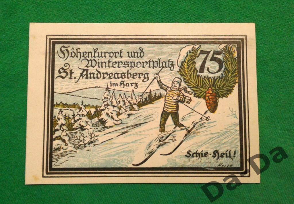 Нотгельд 75 пфеннинг 1921 г. Андреасберг Andreasberg (Гарц) Германия Лыжи