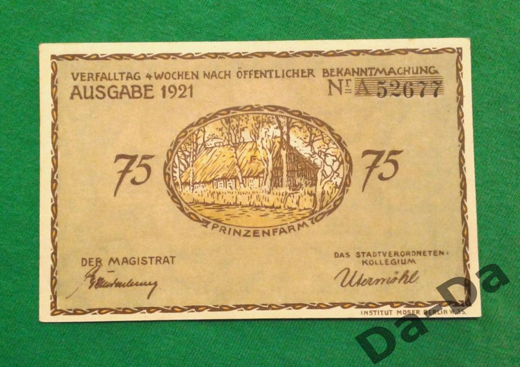 Нотгельд 75 пфеннинг 1921 г. Плен (Шлезвиг-Гольштейн) Германия UNC 1