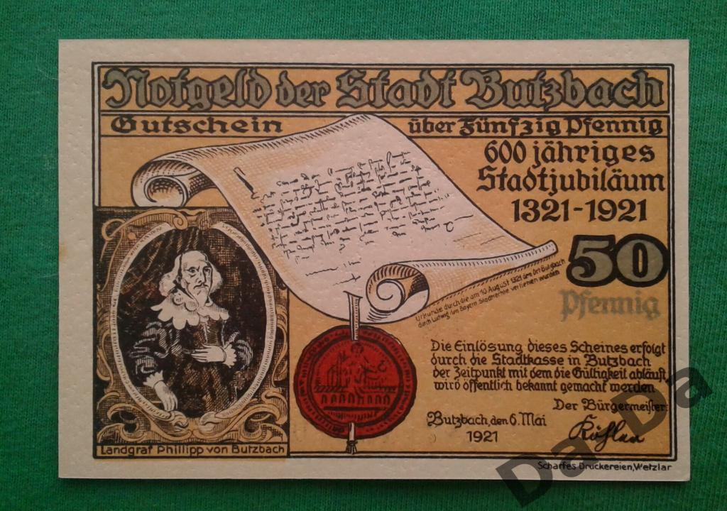 Нотгельд 50 пфеннинг 1921 г. Буцбах Butzbach (Гессен) Германия 1