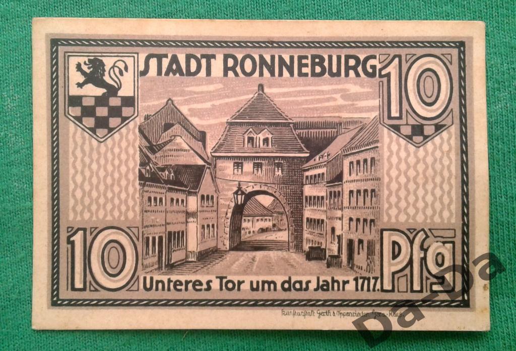 Нотгельд 10 пфеннинг 1921 г. Ronneburg Роннебург (Тюрингия) Германия