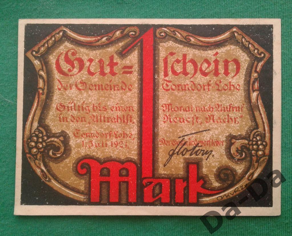 Нотгельд 1 марка 1921 г. Тонндоф-Лохе Tonndorf-Lohe (Гамбург) Германия