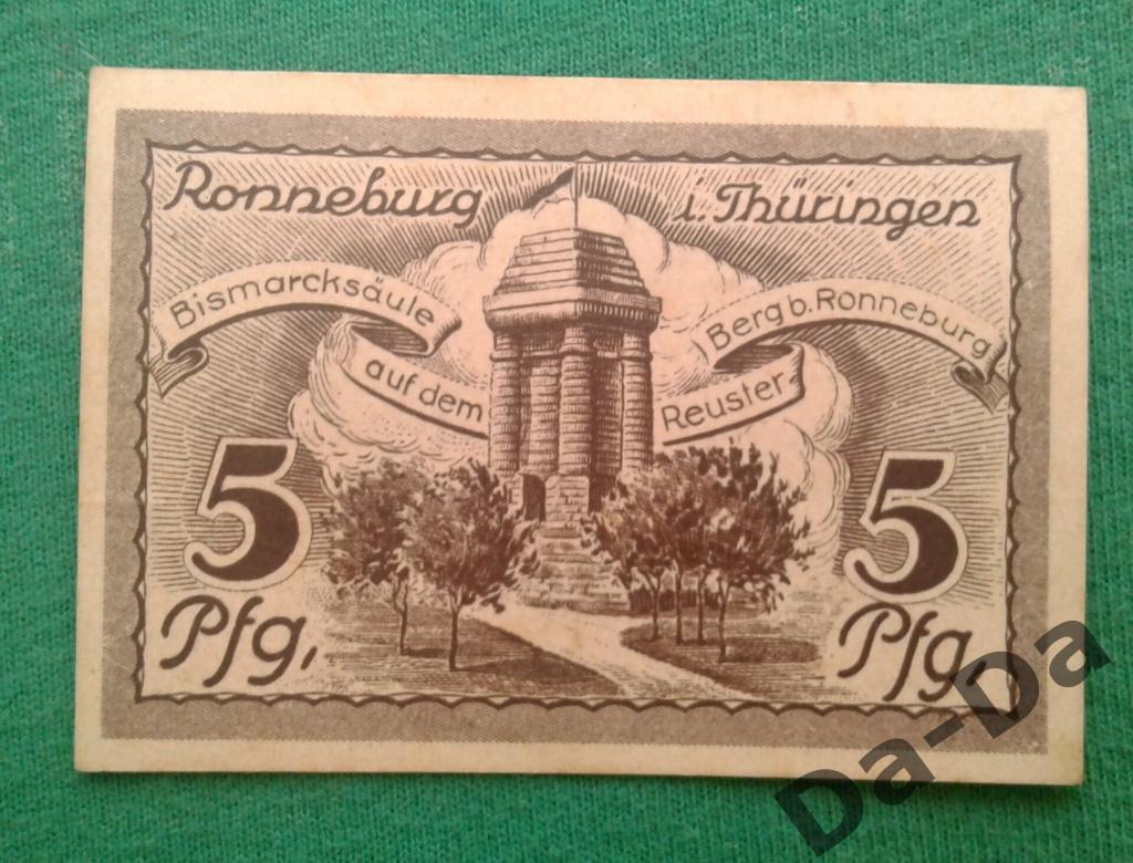 Нотгельд 5 пфеннинг 1921 г. Ronneburg Роннебург (Тюрингия) Германия
