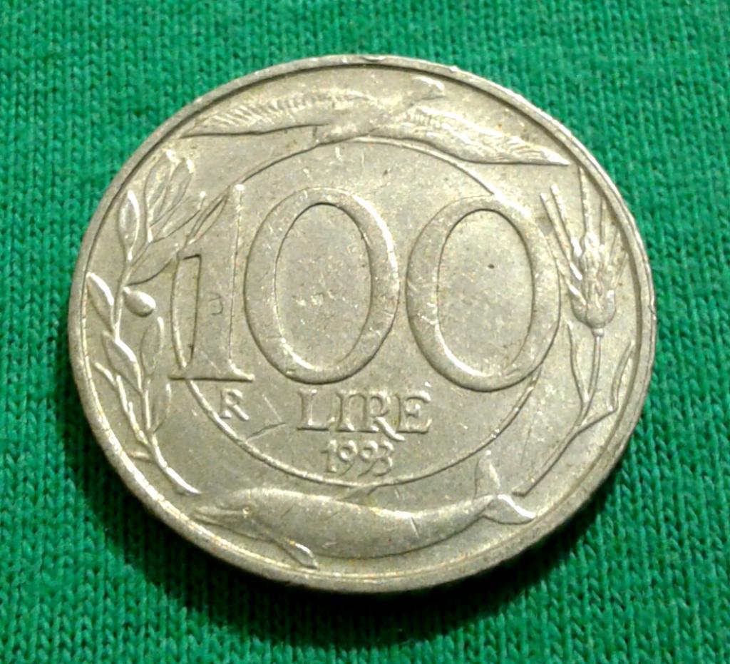 Италия 100 лир 1993 г. Дельфин (126)