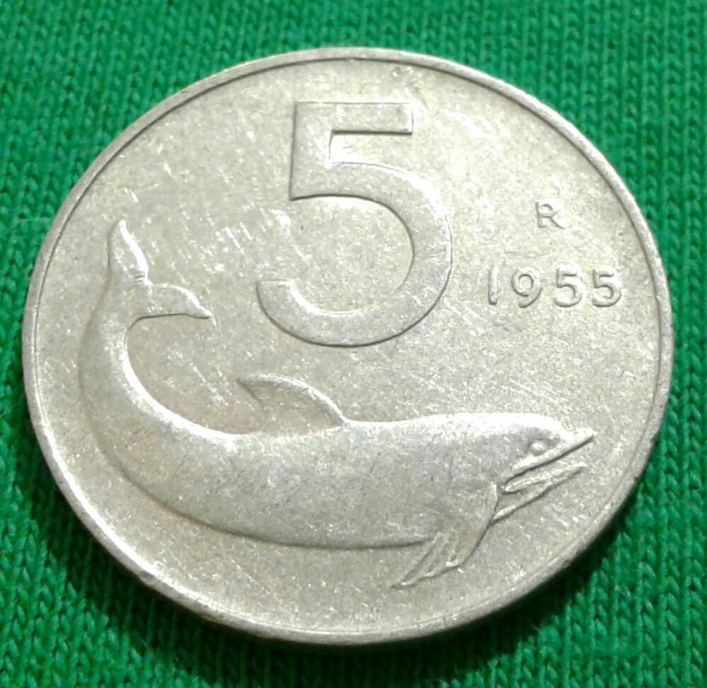 Италия 5 лир 1955 г. Дельфин (619)