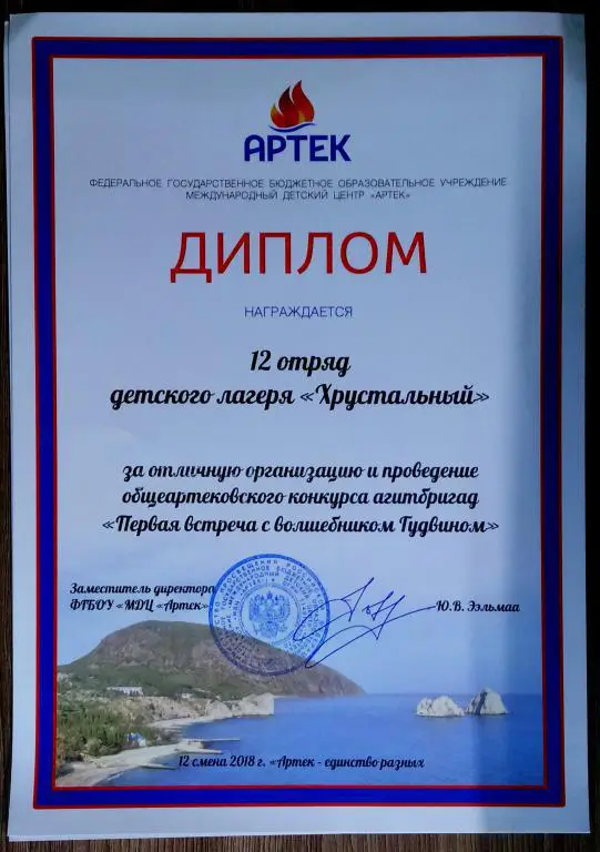 ЦК ВЛКСМ. АРТЕК. ДИПЛОМ ОТРЯДНЫЙ. ХРУСТАЛЬНЫЙ.2018. один на выбор