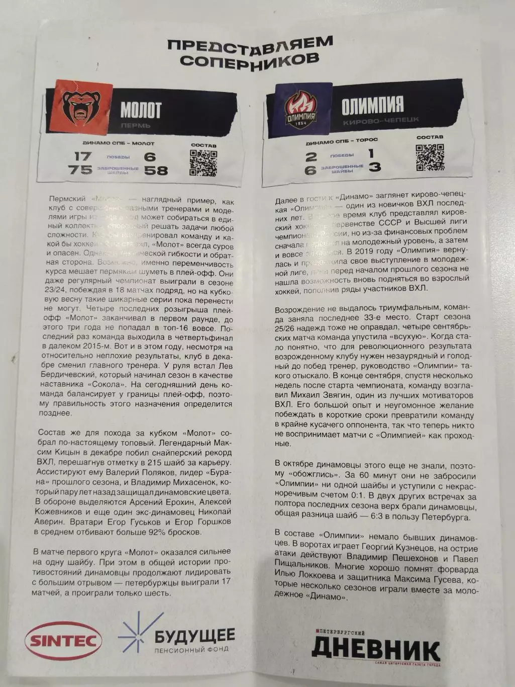 Динамо(Санкт-Петербург)-Молот(Пермь)+Олимпия(Кирово-Чепецк) 1+3.2026 1