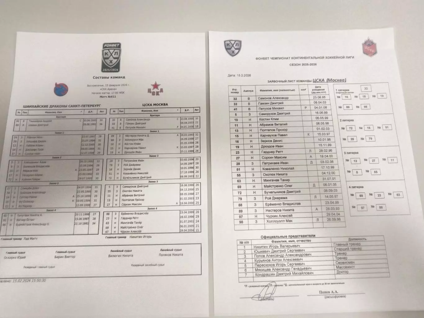Шанхайские Драконы(Санкт-Петербург)-ЦСКА 15.02.2026 заявки команд