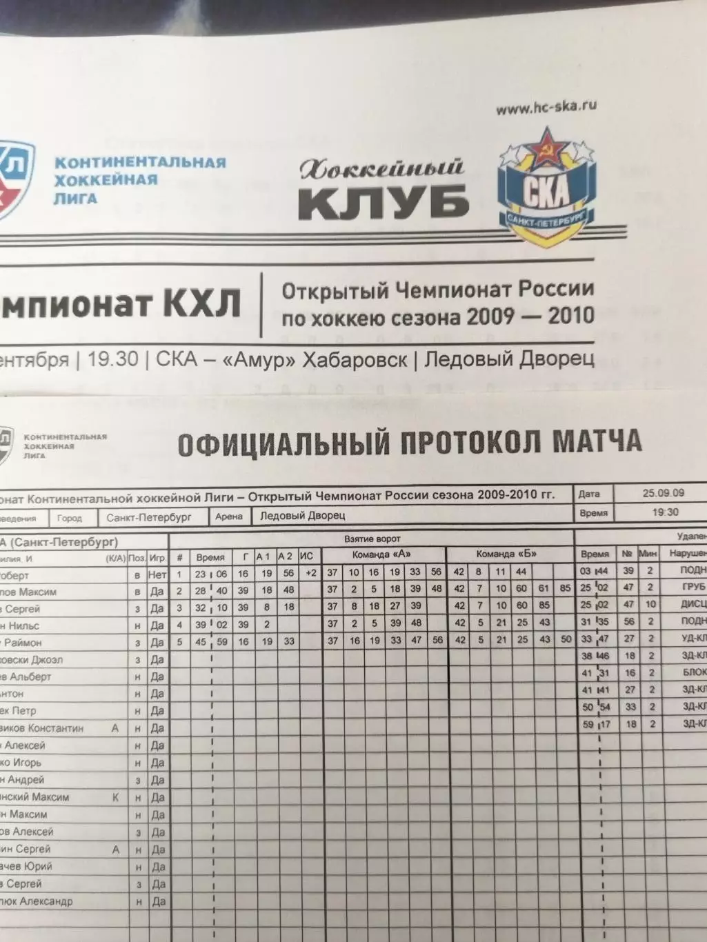 СКА(Санкт-Петербург)-Амур(Хабаровск) 25.09.2009 пресс-релиз+копия протокола