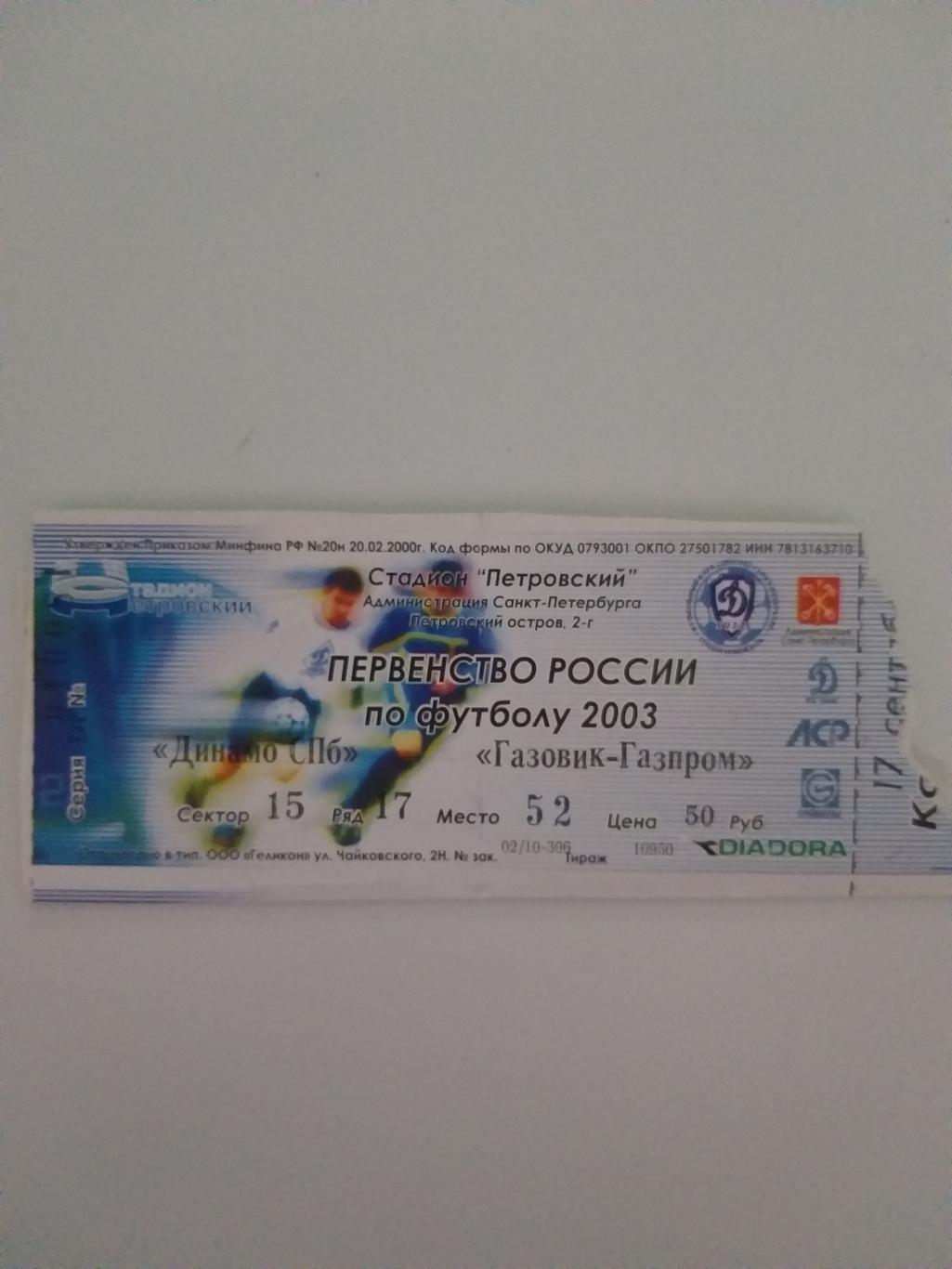 Динамо(Санкт-Петербург)-Газо вик-Газпром(Ижевск) 2003 билет