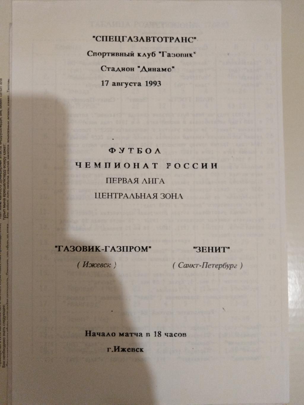 Газовик-Газпром(Ижевск)-Зенит(Санкт-Петербург) 1993