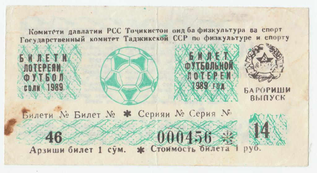 Билет футбольной лотереи Таджикской ССР