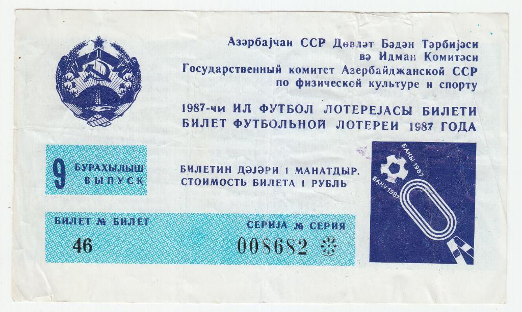 Билет футбольной лотереи Азербайджанской ССР