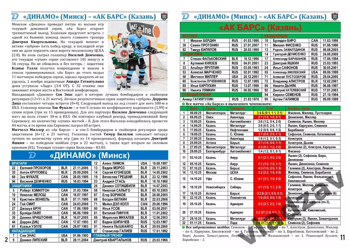 КХЛ-2025/26. 06.11.2025. Динамо (Минск) – Ак Барс (Казань) 1