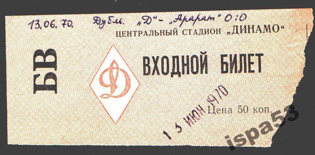 Футбол Билет Динамо Москва-Арарат Ереван 13.06.1970.Дубль.