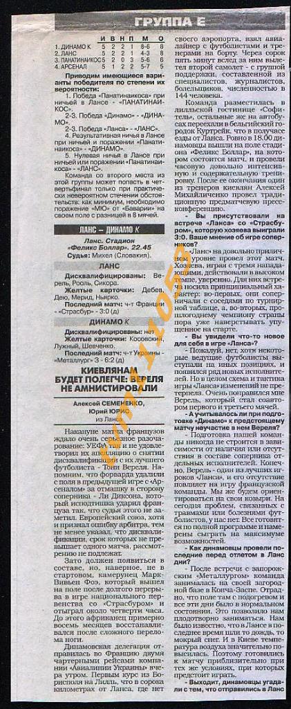 Футбол Лига Чемпионов 1998 Ланс Франция-Динамо Киев,Украина.Превью.Вырезка.