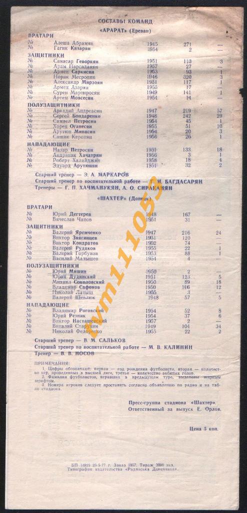 Футбол,Программа Шахтёр Донецк-Арарат Ереван, 26.05.1977. 1