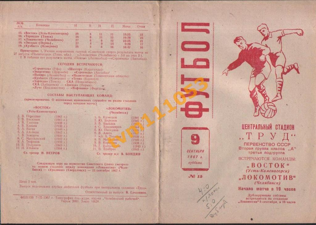 Футбол,Программа Локомотив Челябинск-Восток Усть-Каменогорск, 09.09.1967.