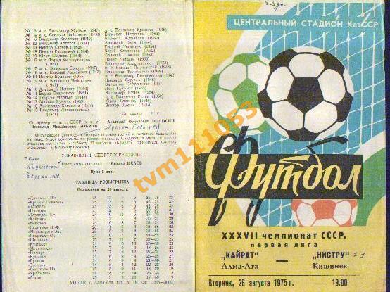 Футбол,Программа Кайрат Алма-Ата-Нистру Кишинёв, 26.08.1975.