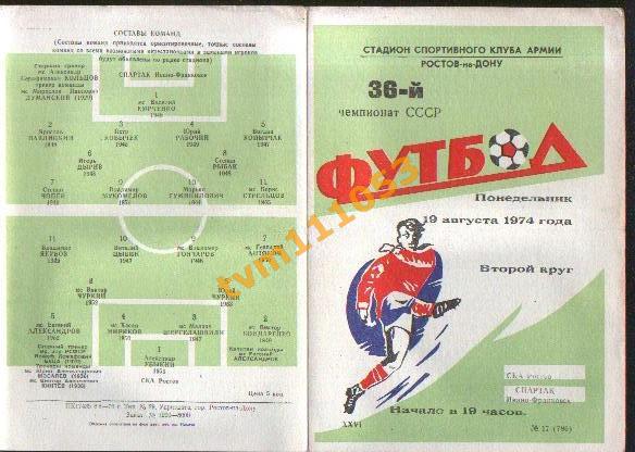 Футбол,Программа СКА Ростов-Спартак Ивано-Франковск, 19.08.1974.