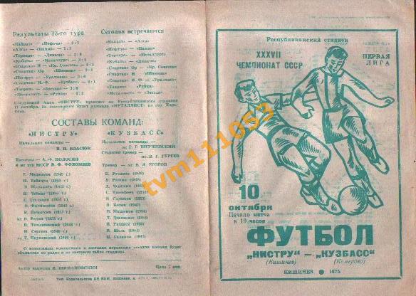 Футбол,Программа Нистру Кишинёв-Кузбасс Кемерово, 10.10.1975.