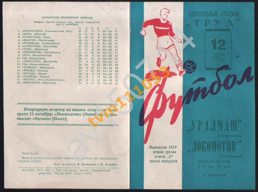 Футбол,Программа Локомотив Челябинск-Уралмаш Свердловск, 12.10.1966.