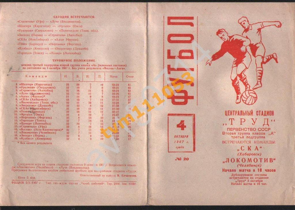 Футбол,Программа Локомотив Челябинск-СКА Хабаровск, 04.10.1967.
