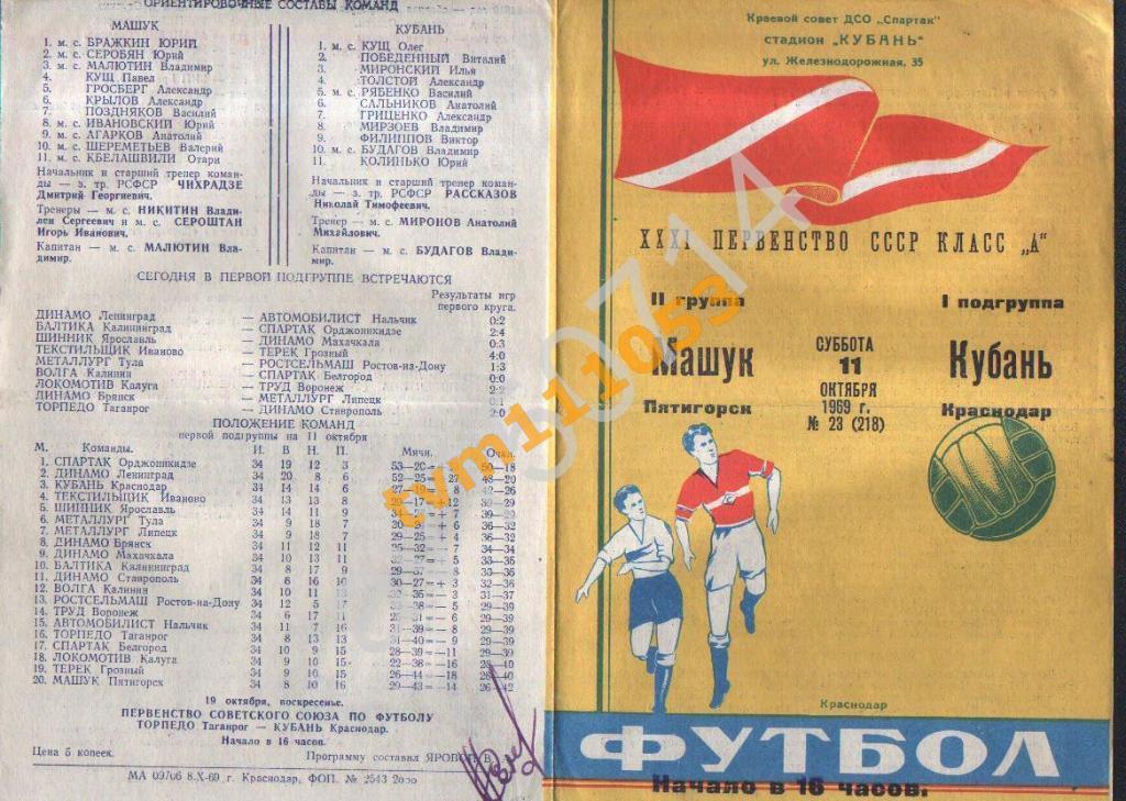 Футбол,Программа Кубань Краснодар-Машук Пятигорск, 11.10.1969.