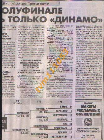 Хоккей, Кубок России 1998,Лада-Динамо Москва и др.,Отчёты.Вырезка из газеты 1